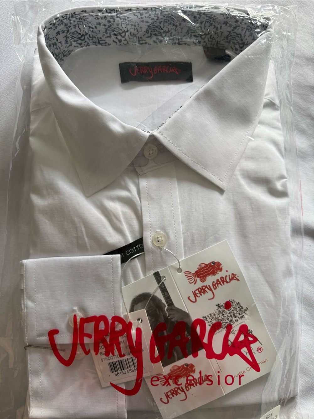 NWT JERRY GARCIA Men's White Dress Shirt with Contrast Inner Collar